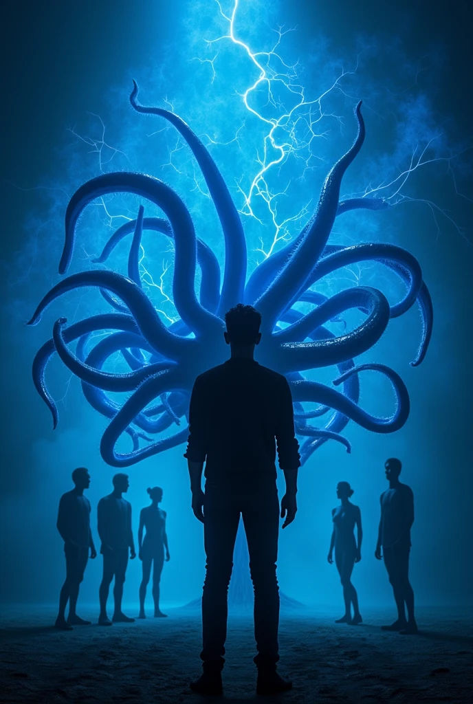 The shadow of a man ,blue tentacles on the back bigger bigger,now put the man facing forward put tentacles of people



