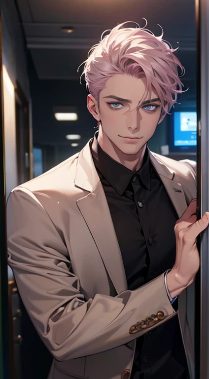 (best quality,4k,8k,highres,masterpiece:1.2),ultra-detailed,(realistic,photorealistic,photo-realistic:1.37),1 man,31 years old,mature man,very handsome,without expression,smile,short grey pink hair,blue eyes,penetrating gaze,perfect face without errors,imposing posture,businessman,office background,cinematic lighting,hdr image