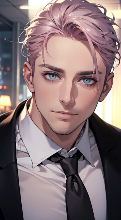 (best quality,4k,8k,highres,masterpiece:1.2),ultra-detailed,(realistic,photorealistic,photo-realistic:1.37),1 man,31 years old,mature man,very handsome,without expression,smile,short grey pink hair,blue eyes,penetrating gaze,perfect face without errors,imposing posture,businessman,office background,cinematic lighting,hdr image