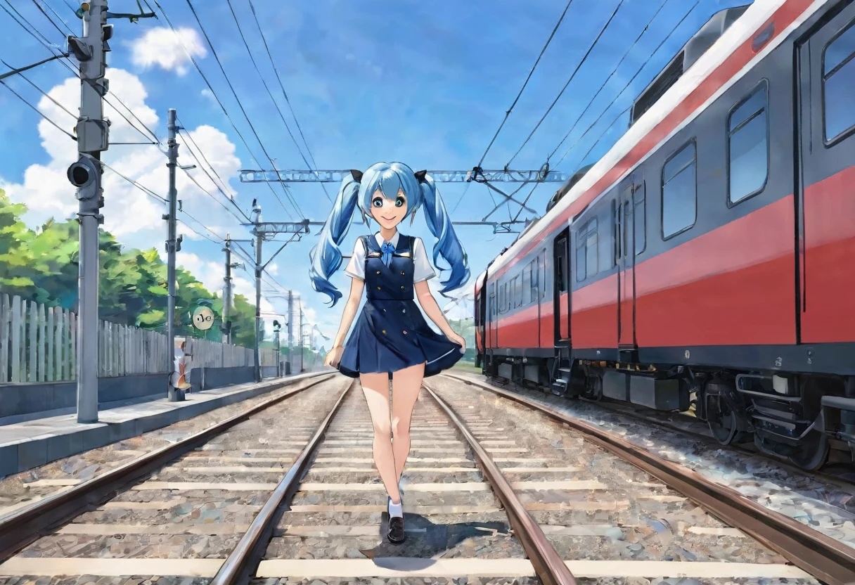 line、Railroad crossing、The train runs、Light blue long hair、Beautiful girl with twin tails、blue sky、Smiling Girl、