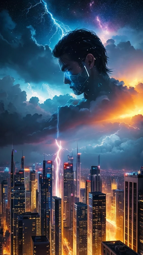 Abstract face in a city landscape, Realist paintings by Marc English , [:Anime Line Art:0.2], The theme is celestial bodies, heat, lightning, and water., epic splash art , Self-sastructing art, , Abstract
