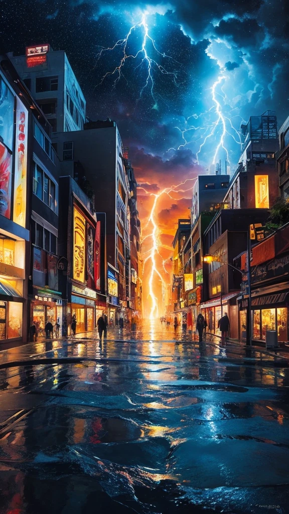 Abstract face in a city landscape, Realist paintings by Marc English , [:Anime Line Art:0.2], The theme is celestial bodies, heat, lightning, and water., epic splash art , Self-sastructing art, , Abstract