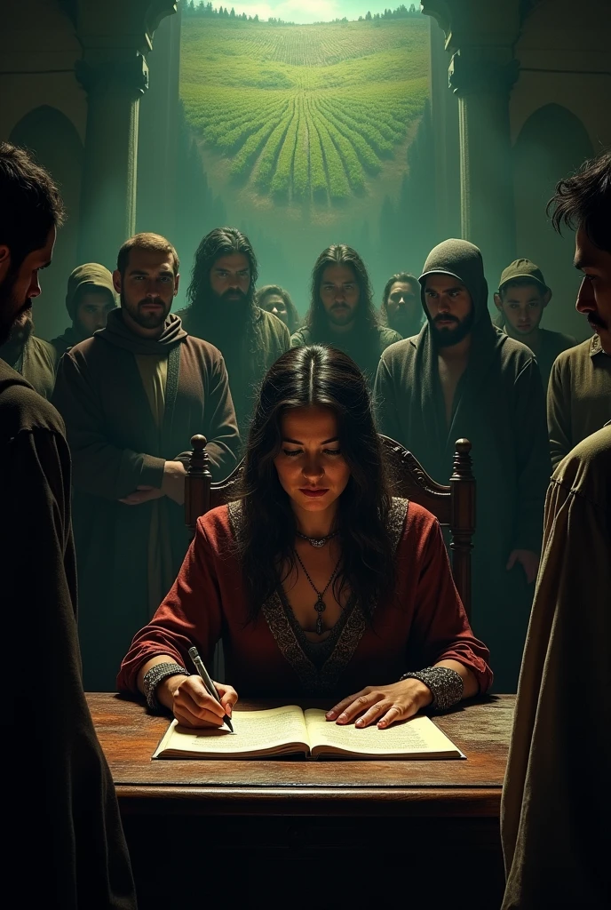 Jezebel, at a desk, writing letters with a grim expression of determination. All around, complicit counselors look on. In the background, an image of Naboth's vineyard, symbolizing Ahab's greedy desire. The scene should convey the coldness and wickedness of Jezebel's plan.