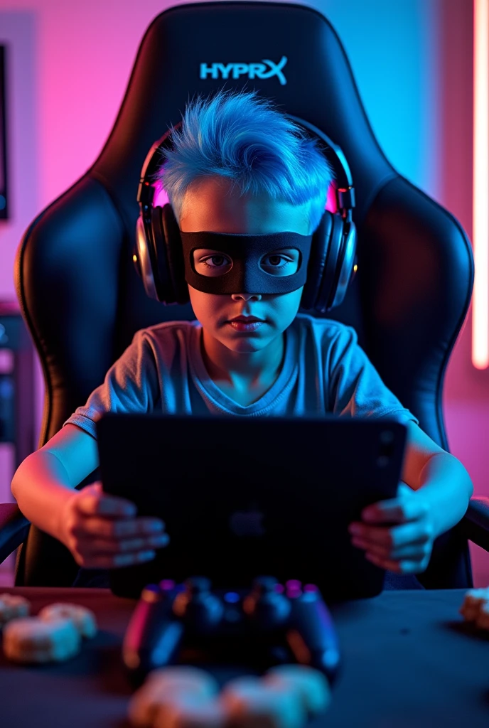 give me profile picture for YouTube channel which a boy Play PUBG in ipad one his hand the boy hair color is blue  how have covered his by a full mask he seting in gaming chair he were a hiperx headphones  photo 