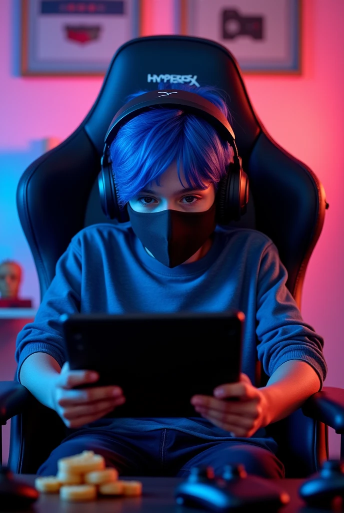 give me profile picture for YouTube channel which a boy Play PUBG in ipad one his hand the boy hair color is blue how have covered his by a full mask he seting in gaming chair he were a hiperx headphones photo
