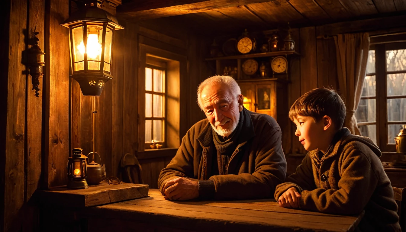 (cosy scene) Grandfather and young boy in an old wooden house, warm ambient lighting from a lantern, rich textures of aged wood, big clock on the wall providing a nostalgic vibe, deep golden hues illuminating their expressions, intimate atmosphere, feeling of family connection, highly detailed, heartwarming interaction, ultra-detailed, immersive and inviting setting, emotional exchange, rich shadows enhancing the depth and warmth of the scene.