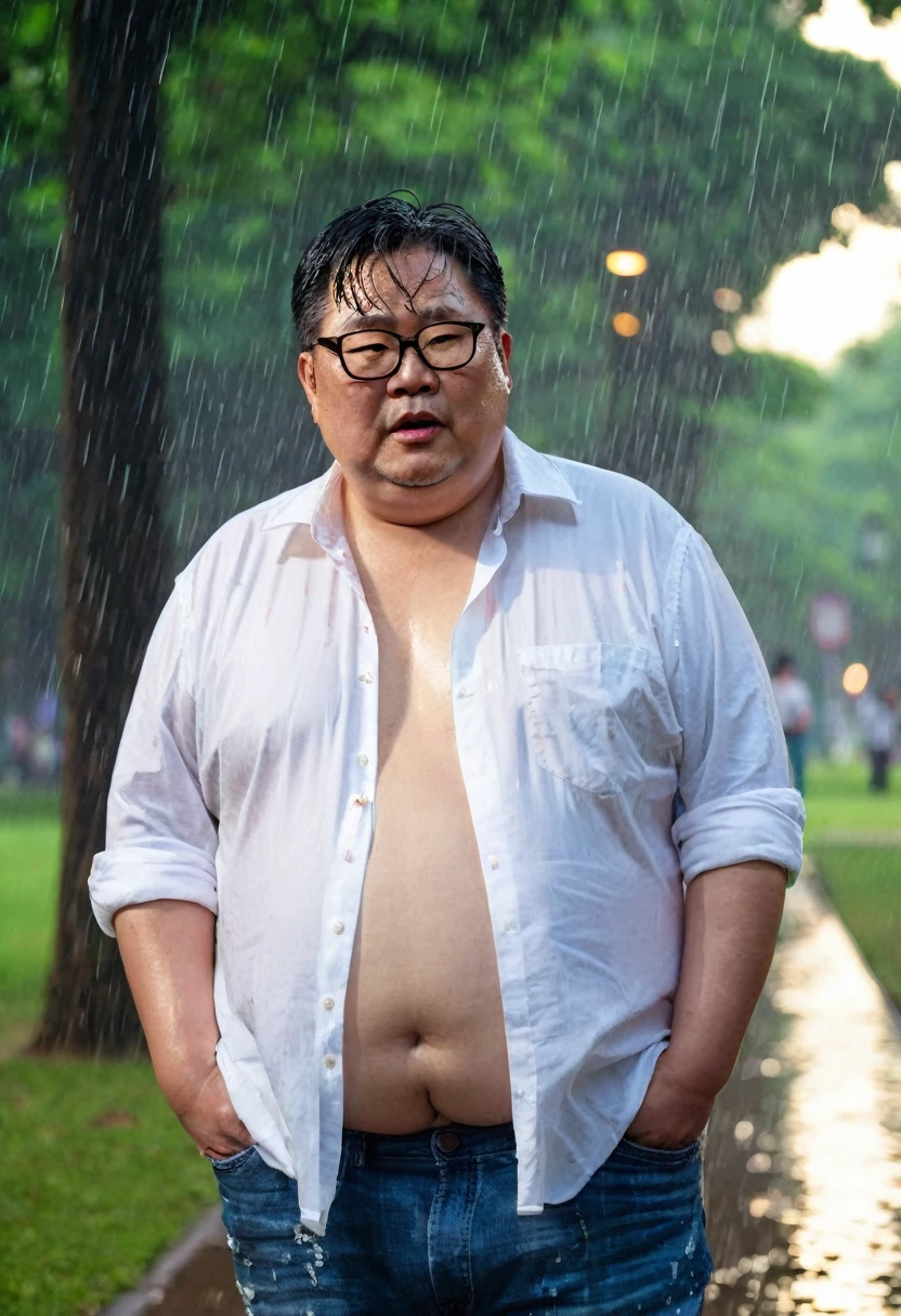Man, Asian, 50 years old, Fat, Chubby, wearing glasses,( Put on a thin, white shirt, Unbutton the shirt ), Shirtless, wearing Jeans, in the park, Wet, stained, Raining, beautiful lighting, looking sad.