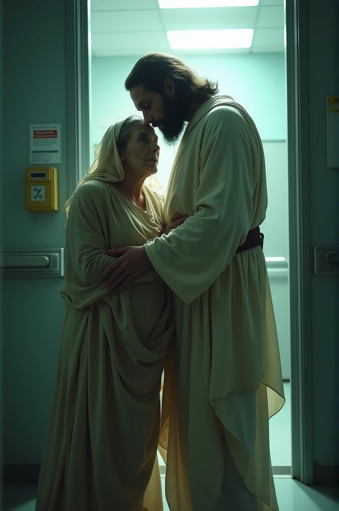 I want an image of a sick person looking at the door of an operating room, and next to him is Jesus embracing him.