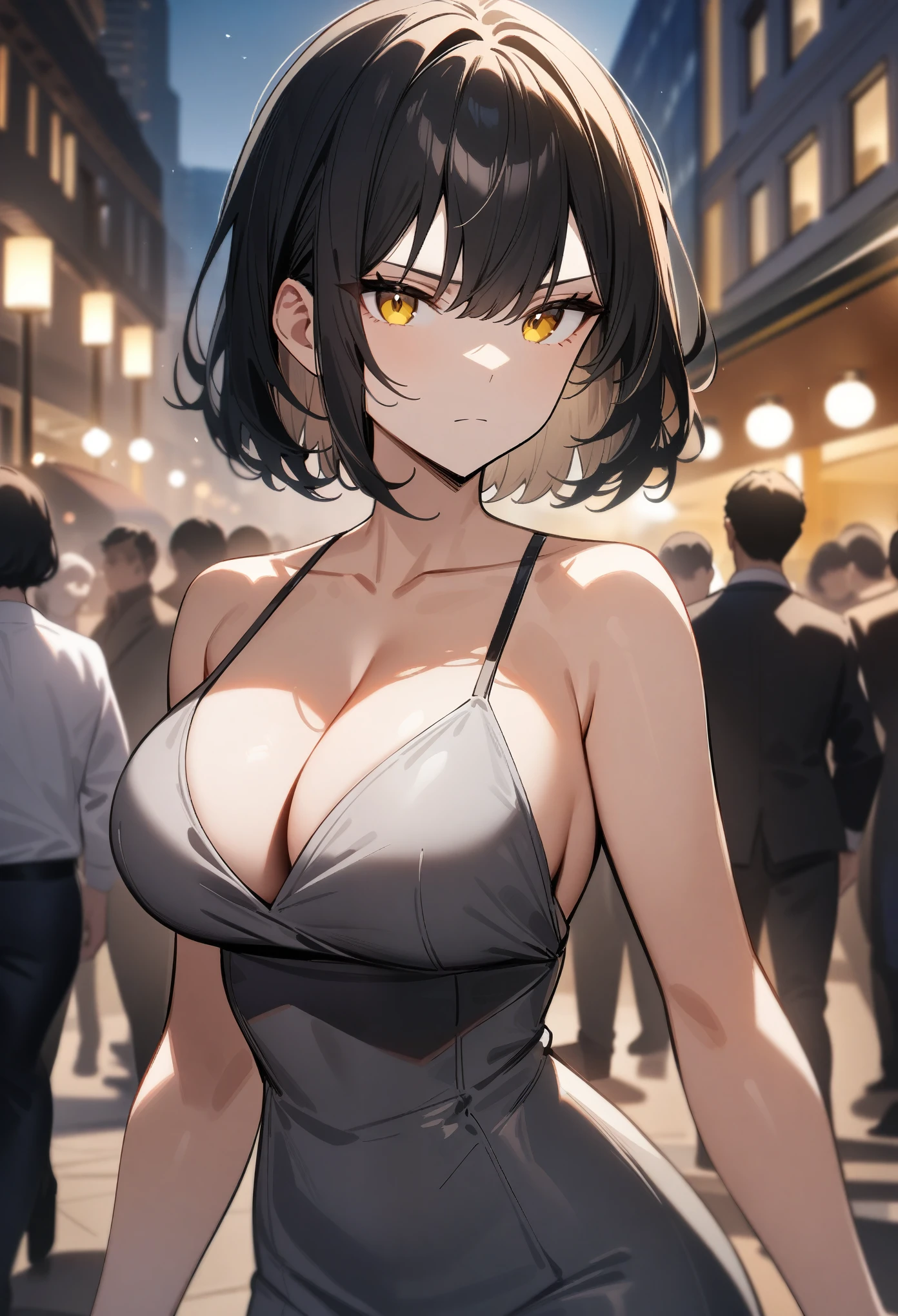 masterpiece, best quality, very aesthetic, absurdres, 1girl, black hair, short hair, tsurime, yellow eyes, large breasts, cleavage, taut dress, grey dress, low neckline, expressionless, hotel, crowd, serious