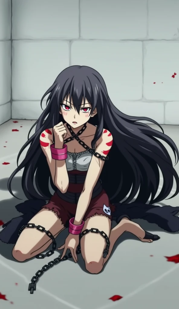 1girl, yor briar, meditating, chained to the ground, cuffs, shackles on neck and limbs, red background, red eyes, anger, defiant pose, looking at viewer, half-closed eyes, simple background, ultra-detailed, long sleeveless black suit, tough, damaged, wounds, kneeling, black and red theme, black and red theme, anime style, anime screencap, 