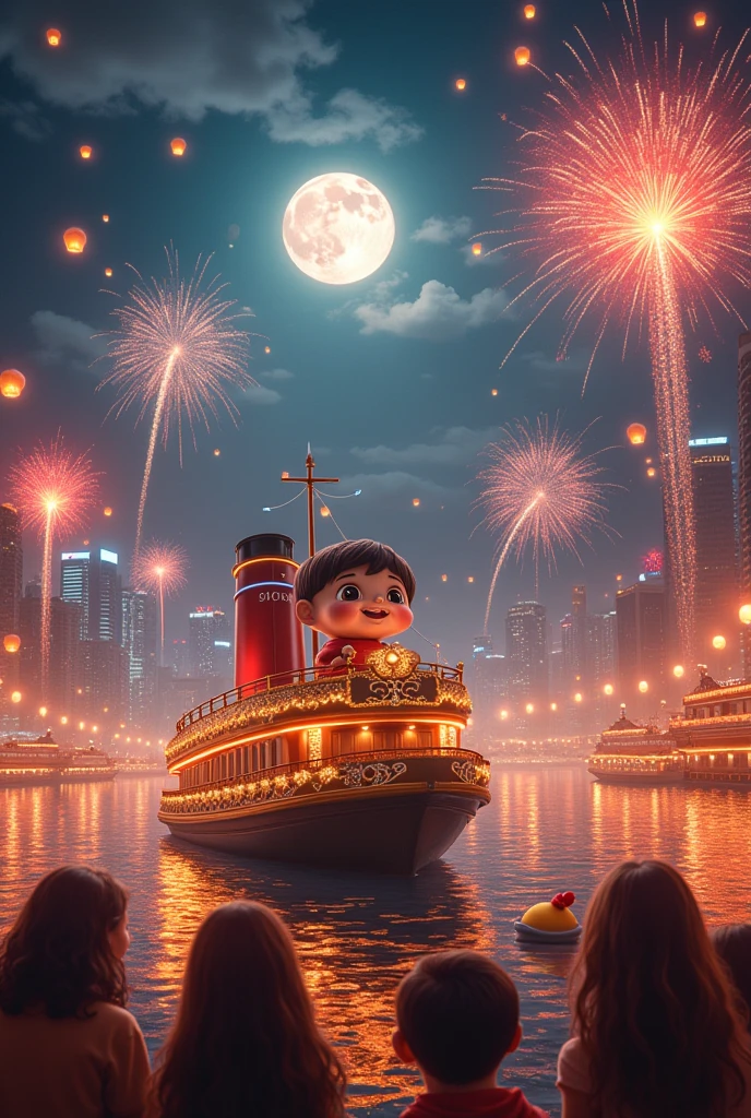 Mid-Autumn Festival in Hong Kong,Hong Kong city elements。一轮明亮的满月高悬In the night sky。a cute boy riding a cruise ship,Under the moon,lanterns and art installations adorn the entire environment,Adding a mysterious atmosphere to the festival。In the night sky,Brilliant fireworks bloom,Pushing the entire celebration towards,People look up at the sky,Celebrating the Mid-Autumn Festival。This moment is filled with tradition and celebration,Presenting an unforgettable artistic panorama。