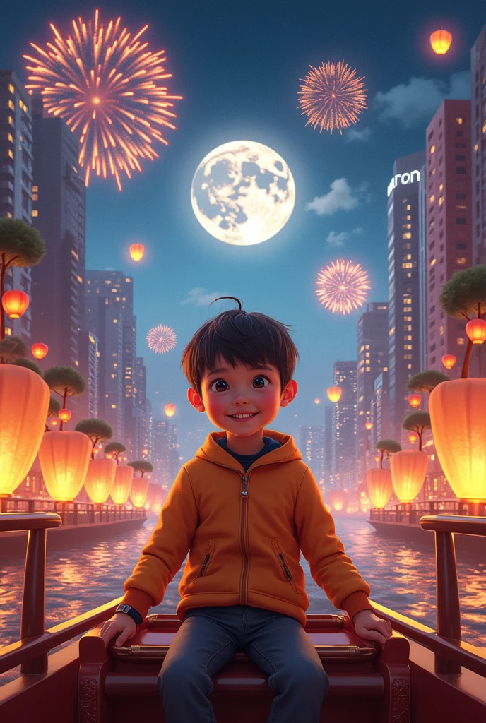 Mid-Autumn Festival in Hong Kong,Hong Kong city elements。一轮明亮的满月高悬In the night sky。a cute boy riding a cruise ship,Under the moon,lanterns and art installations adorn the entire environment,Adding a mysterious atmosphere to the festival。In the night sky,Brilliant fireworks bloom,Pushing the entire celebration towards,People look up at the sky,Celebrating the Mid-Autumn Festival。This moment is filled with tradition and celebration,Presenting an unforgettable artistic panorama。