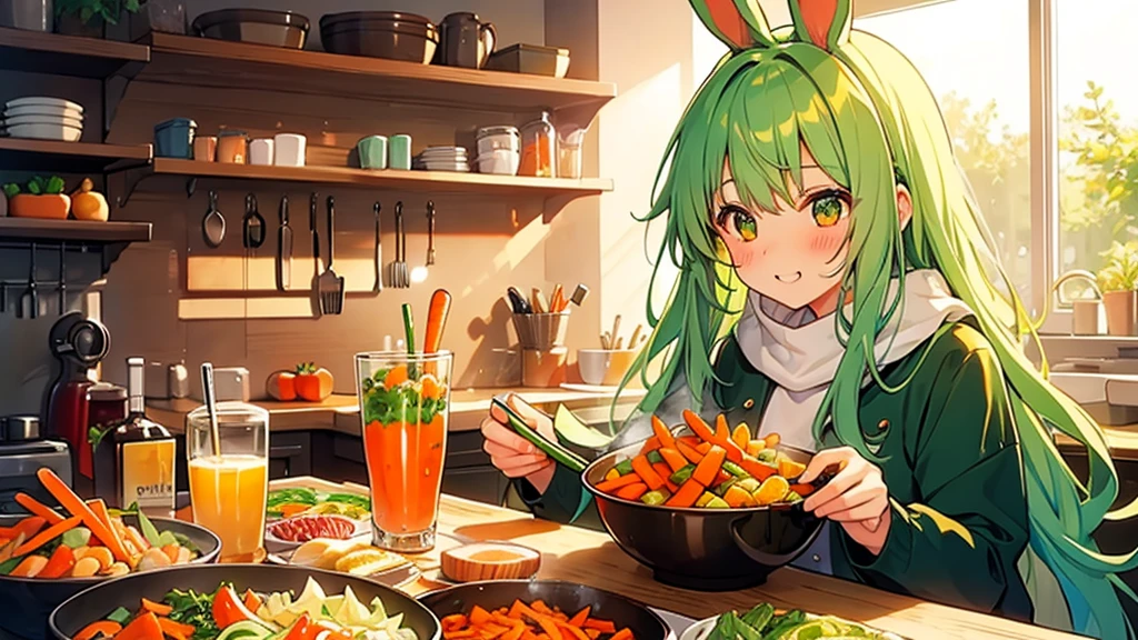 Girl、Green Hair、Lots of carrots、Carrot salad、eat、Blushing、