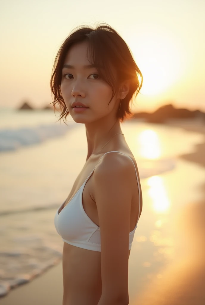 Realistic、　Real、　Japanese、　actress、　short hair、　Perfect Face、delicate、　20-year-old、　topless、White panties、　Beach、Slender body、　Standing in front