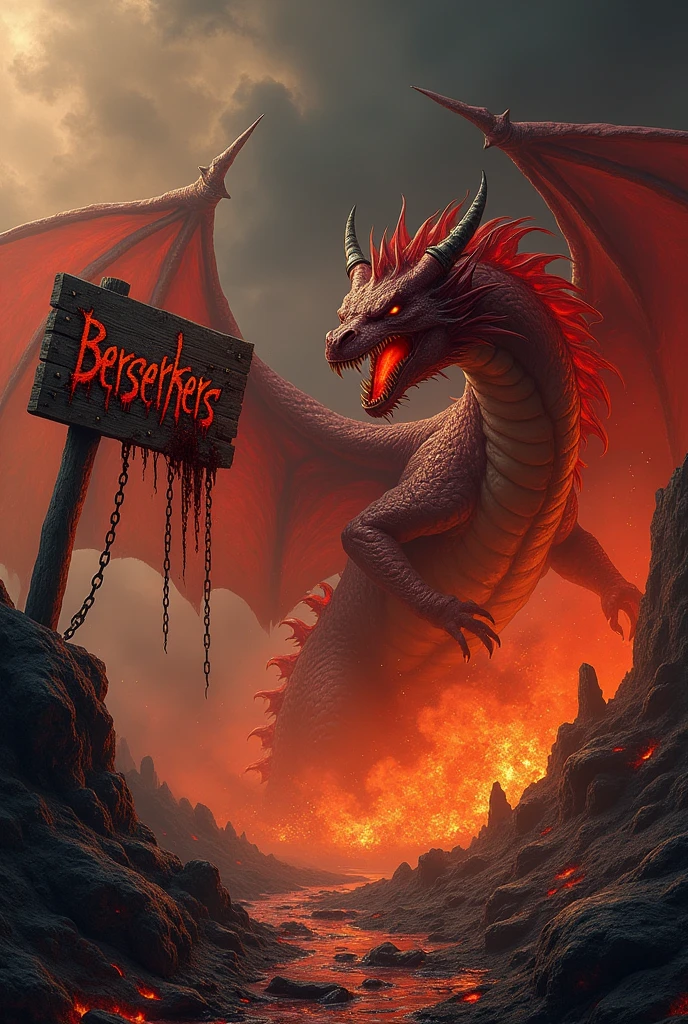 Dragon, furious, red with black, fire, devil, poseido, hellish environment, souls in pain, with an old wooden sign that says the word "Berserkers" with letters of blood, blood letters, old and worn sign, chains, in hell, realist, 8k , HD, 