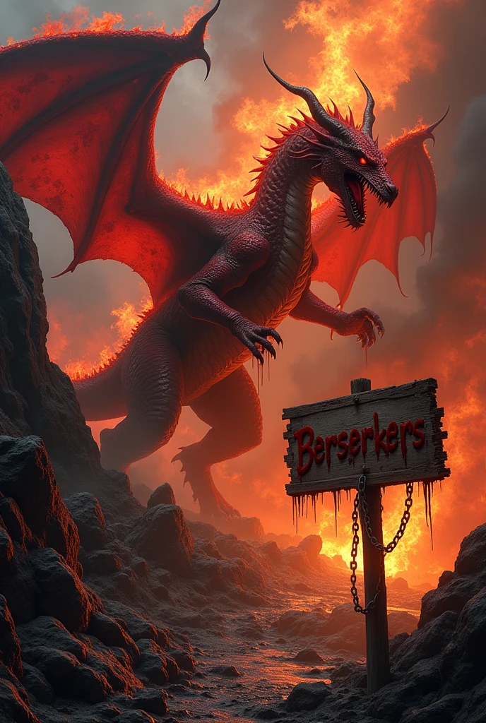 Dragon, furious, red with black, fire, devil, poseido, hellish environment, souls in pain, with an old wooden sign that says the word "Berserkers" with letters of blood, blood letters, old and worn sign, chains, in hell, realist, 8k , HD,