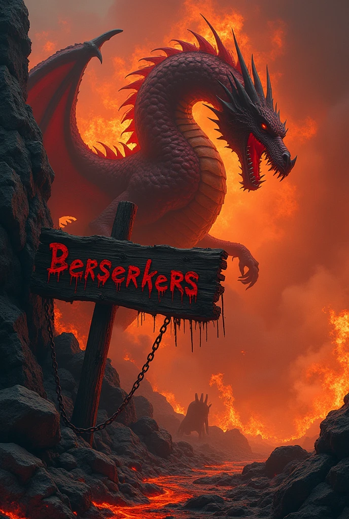 Dragon, furious, red with black, fire, devil, poseido, hellish environment, souls in pain, with an old wooden sign that says the word "Berserkers" with letters of blood, blood letters, old and worn sign, chains, in hell, realist, 8k , HD,
