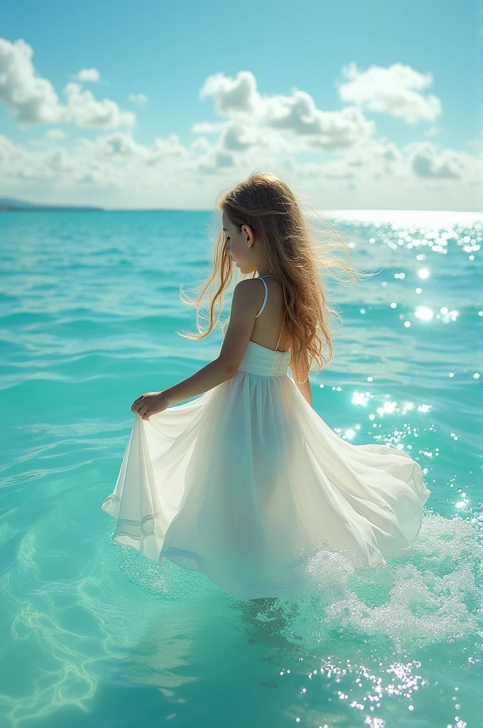 a girl wearing white dress standing in the middle of ocean