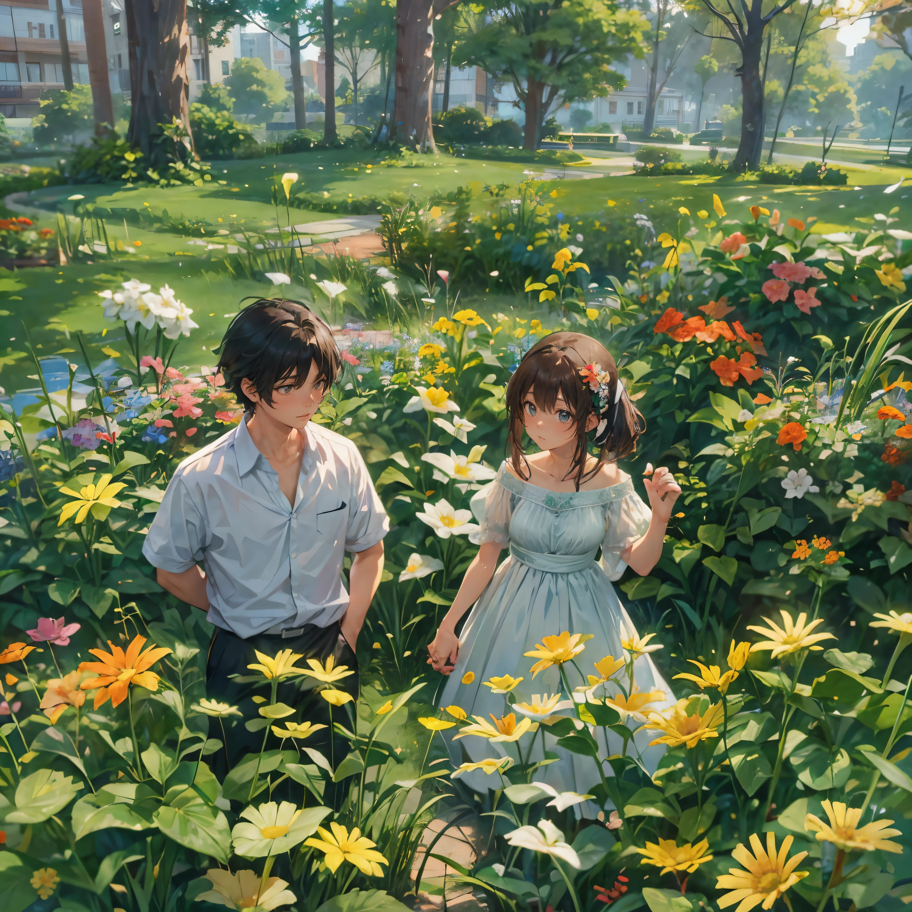 A couples standing , taking pictures, anime style, flowers in background,