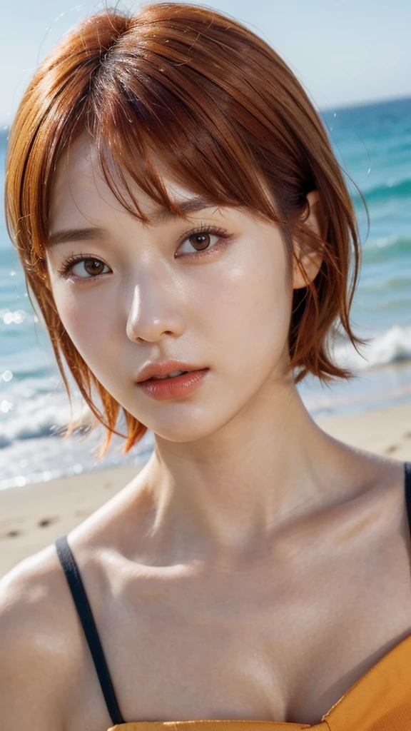 Model actress、One Woman、cool、Japanese and half European、Close-up of face、30 generation beauty、Realistic Skin、4K images、bright orange hair、Short Hair、Seaside