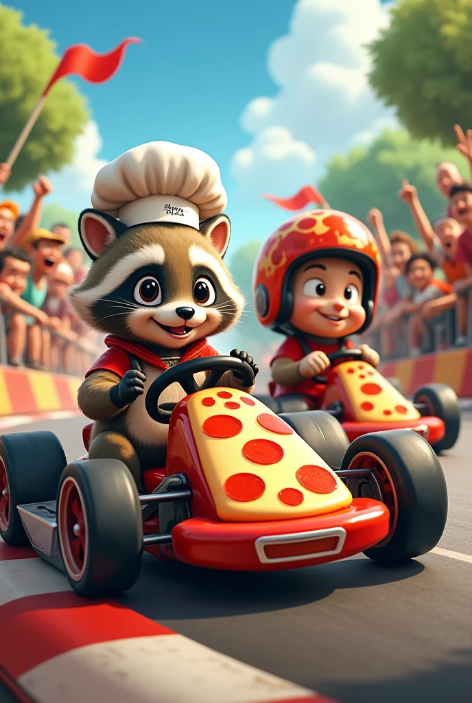 Crée-moi une bande de personnages humains et animaux amateurs de pizzas en karting puissants  pour décorer ma pizzeria dont l'enseigne est "Milano Pizza"devant le karting électrique . 
