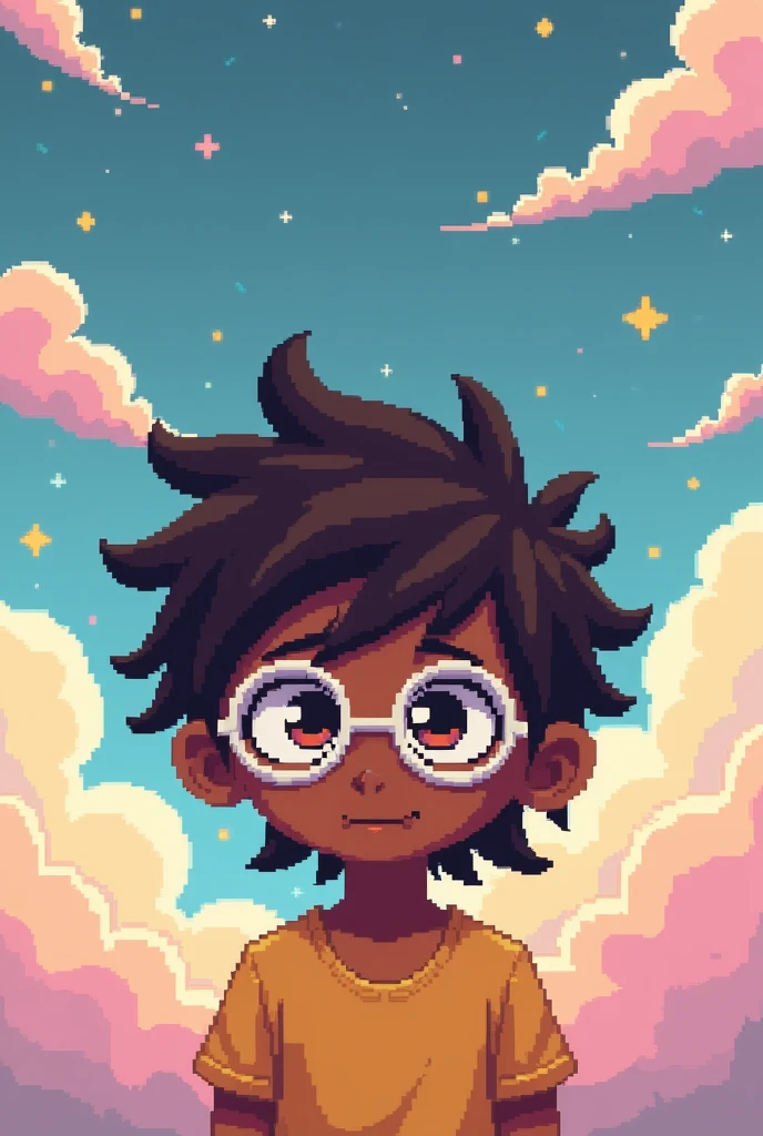 create a pixelated character with glasses, brown skinned, mullet hair, with a sleepy face