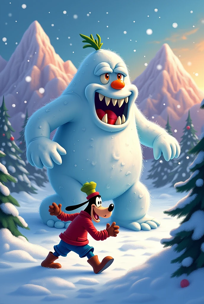 Goofy, Mickey&#39;s friend attacks the monster that is in a snow mountain with a carrot nose
