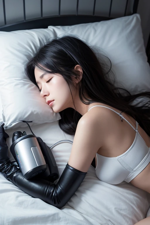 Japanese Beautiful Girl、Semi-long hair、Black Hair、Professional Lighting、Sleeping on a metal bed、charging humanoid、close your eyes、sleep、Charging cord、electrical outlet、Metallic Tank Top、A beautiful robot girl charging