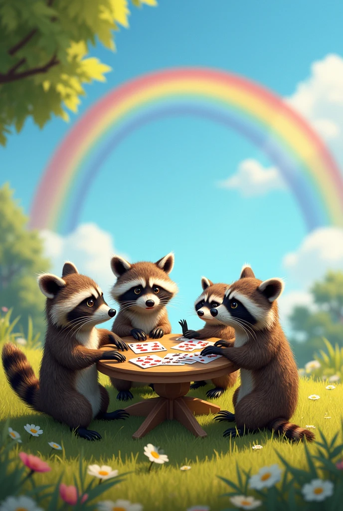 Could you generate a photo of 4 raccoons playing cards angrily with a rainbow in the background?