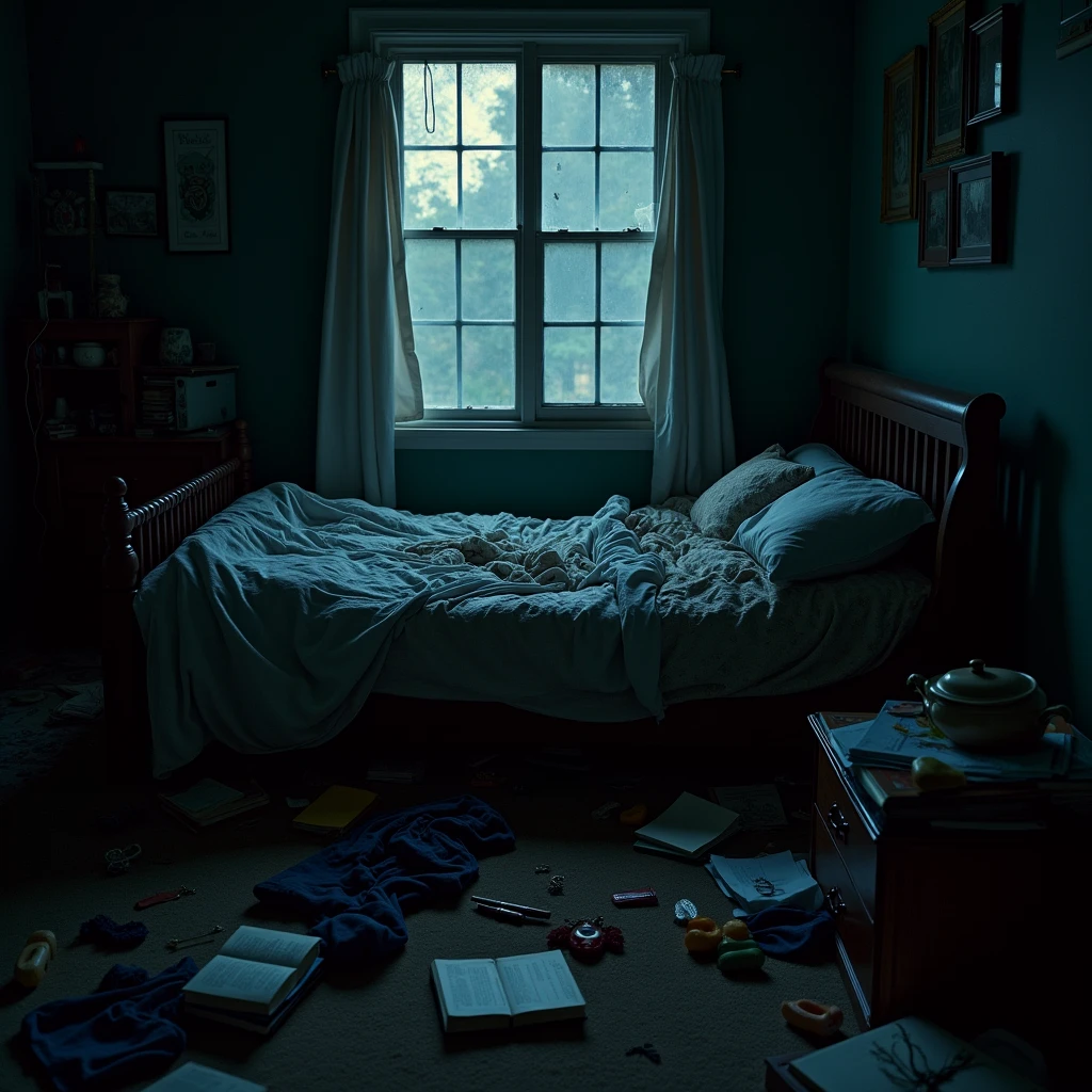 Messy room with a bed and a dark window