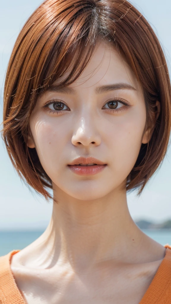 Model actress、One Woman、cool、Japanese and half European、Close-up of face、30 generation beauty、Realistic Skin、4K images、bright orange hair、Short Hair、Seaside