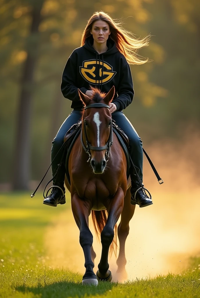 Beautiful woman wearing a black hoodie with the name RG icon. Riding a racehorse