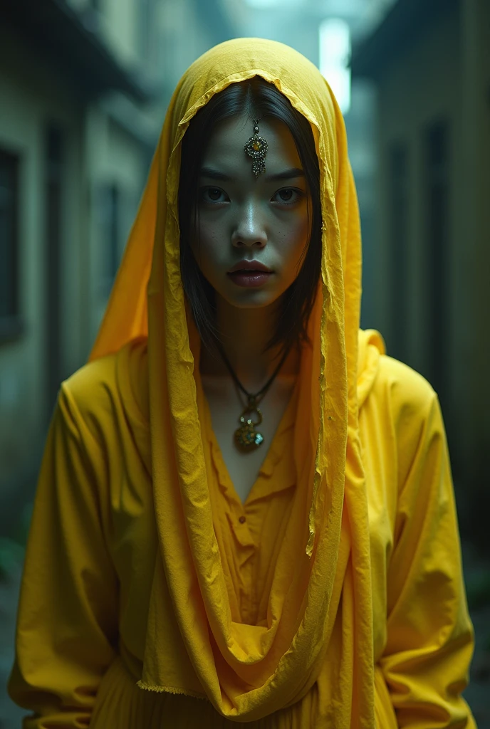   ((top quality, 8K, masterpiece:1.3)) , intricate details, Jiang&#39;s Girls Clothing, A woman in her 20s, Wearing a zombie costume, (A charm on the forehead:1.6), alone, (sinister atmosphere), (bundle), (((Detailed depiction of a zombie girl wearing a yellow cloth))), (creepy pose:1.1), (weird lights), (Huge breasts: 1.5), beauty