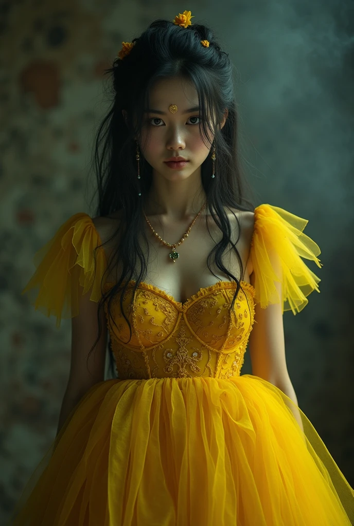   ((top quality, 8K, masterpiece:1.3)) , intricate details, Jiang&#39;s Girls Clothing, A woman in her 20s, Wearing a zombie costume, (A charm on the forehead:1.6), alone, (sinister atmosphere), (bundle), (((Detailed depiction of a zombie girl wearing a yellow cloth))), (creepy pose:1.1), (weird lights), (Huge breasts: 1.5), beauty