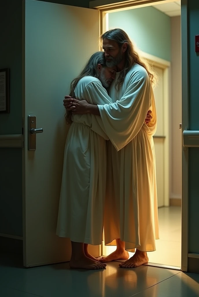 I want an image of a sick man looking at the door of an operating room and Jesus embracing him next to him.