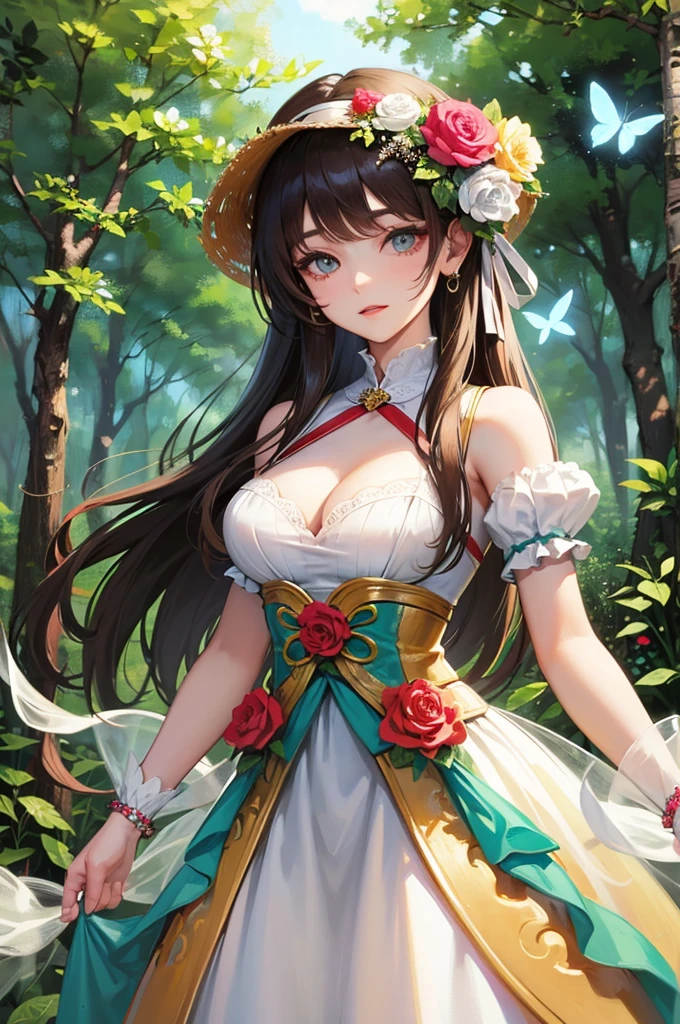 Beautiful Choctaw girl in detailed dress with lots of flowers and ribbons. She's in the forest with butterflies and dragonflies