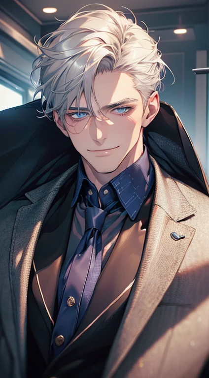 (best quality, masterpiece, 8K, photorealistic, cinematic lighting, 1:4 hdr image, ultra detailed, beautiful image), a mature man, 25 years very handsome, ((cold expression smile in love)), short grey hair, blue eyes, face perfect without mistakes, ((buttoning his jacket, CEO)), smile.