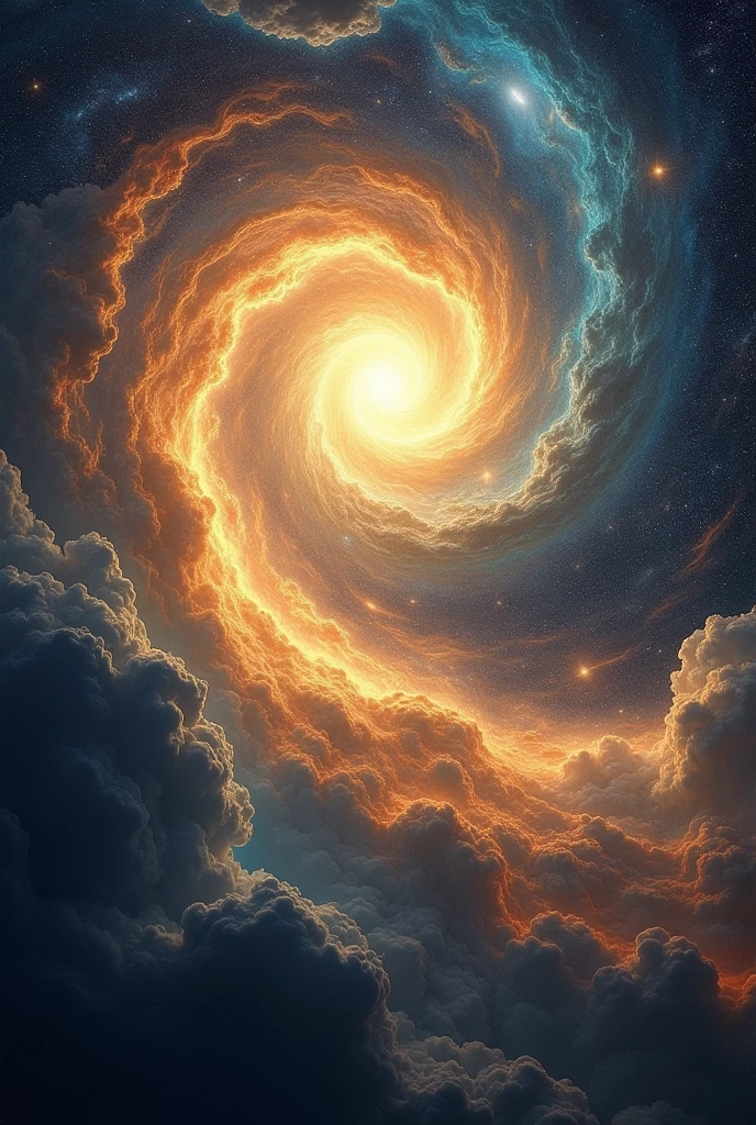 Create a cosmic, celestial scene that embodies the biblical phrase 'In the beginning, God created the heavens and the earth.' The image should depict the vastness of space with swirling galaxies, glowing nebulae, and stars forming in the darkness. Use divine colors such as gold, white, and ethereal blues to highlight the scene. In the foreground, a radiant, golden light symbolizes God's presence, illuminating the cosmos as it shapes the universe. The earth, still formless and void, is emerging from a golden mist, with light and darkness beginning to separate. The overall scene should evoke a sense of awe and reverence, reflecting the divine power and majesty of creation, inspired by the biblical description.