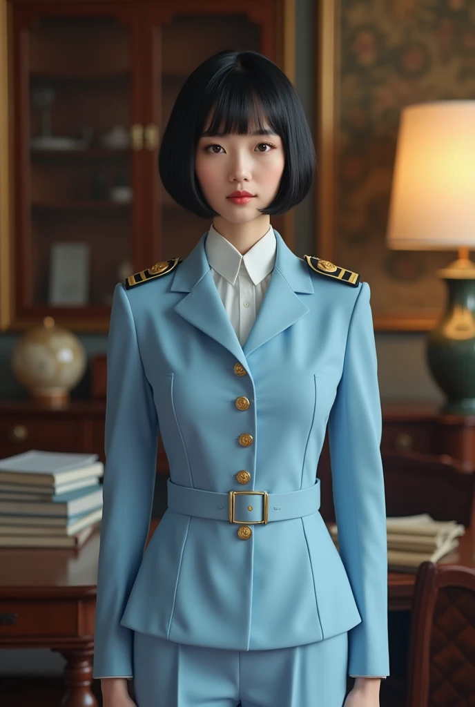 (highest resolution, distinct_image) Best quality, single person, one woman, solo, masterpiece, highly detailed, semi realistic, black short hair, black hair, bangs, 18 years old, mature, light blue military uniform, military uniform, indoor background, gentle, authoritative, powerful, exquisite facial features, exquisite facial features