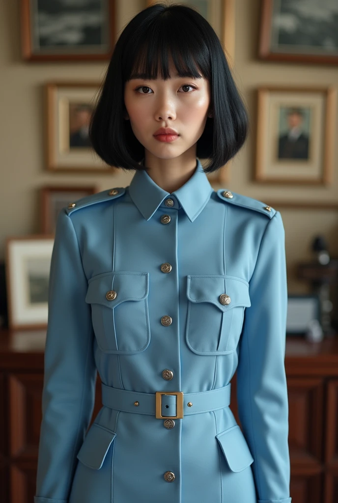 (highest resolution, distinct_image) Best quality, single person, one woman, solo, masterpiece, highly detailed, semi realistic, black short hair, black hair, bangs, 18 years old, mature, light blue military uniform, military uniform, indoor background, gentle, authoritative, powerful, exquisite facial features, exquisite facial features