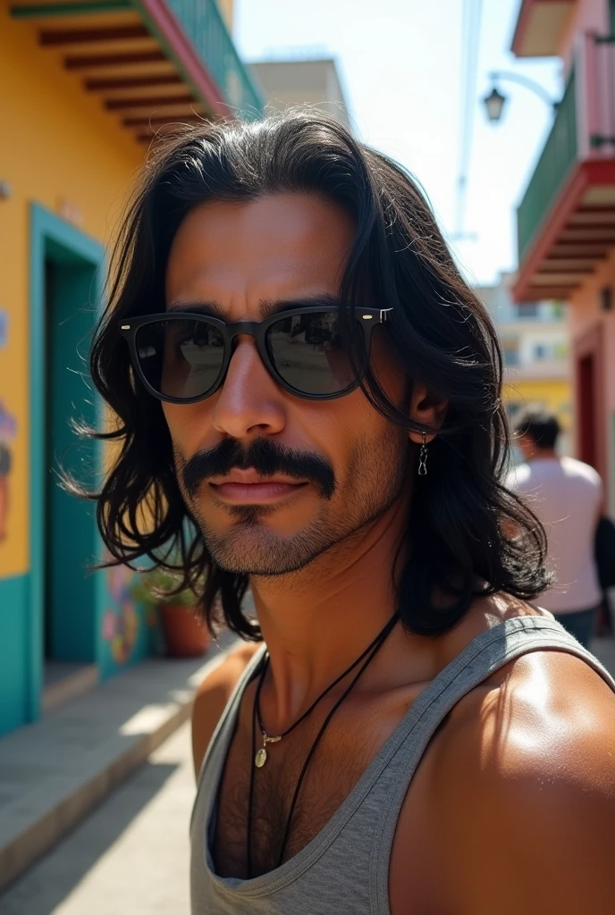 very realistic, 28 year old man, with mustache, long black hair taken, with some gray hair, with sunglasses, weight of 75 kilos, medium build, Latin American, Chilean, gordo, in a Latin neighborhood