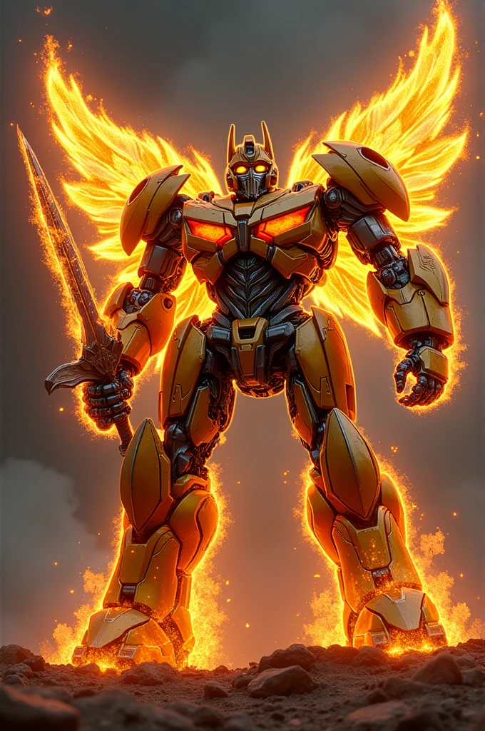 Optimus prime and bumblebee mixed knight version covered in flames and having wings and sword