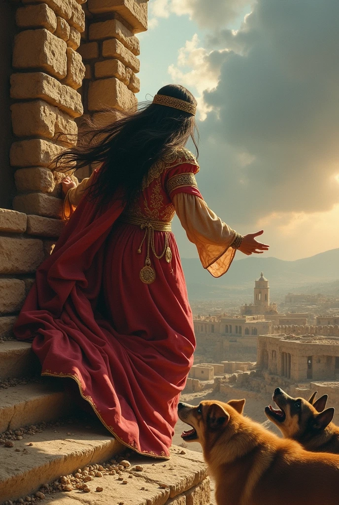 Jezebel, a haughty figure and still trying to use her cunning, being thrown from a high window by officers of the new king Jehu. The background shows the walls of the city of Jezreel. On the ground, dogs wait, ready to devour his body, while the surrounding scenery reflects the dramatic fulfillment of Elijah's prophecy.