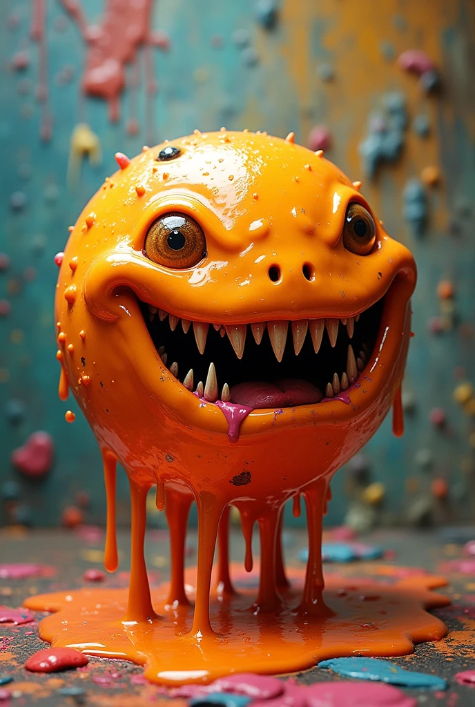 Round orange slime looking creature with teeth without eyes and dripping with paint no eyes