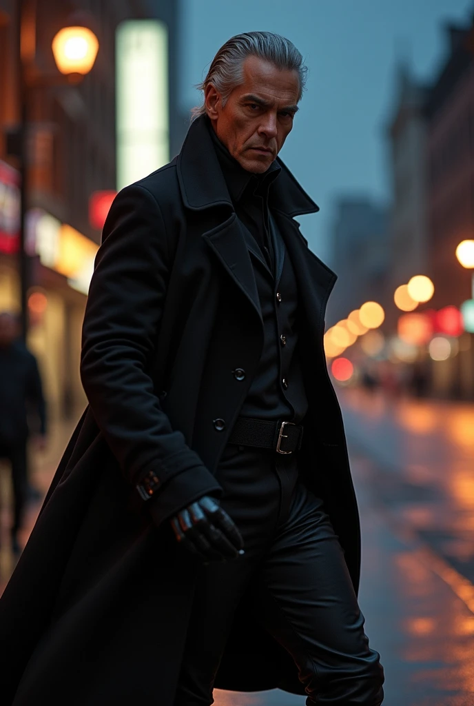 Megatron as a human man in his forties with silvery, swept back hair and wearing a trench coat. Handsome. 
