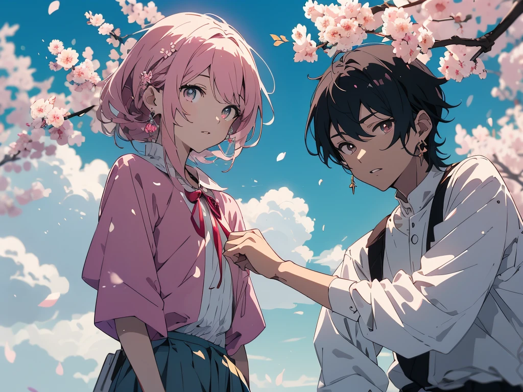 (masterpiece),(highest quality:1.0), (超High resolution:1.0), (Shining eyes、detailed美しい顔)、be familiar with illustration, 8K, anime, (1 boy),(casual dress、spring fashion)、(shirt with white ruffles、lime green pleated pant) 、beautiful anime, cute pose, cute face, be familiar with face, beautiful eyes, dark red eyes, be familiar with eyes, red lips, red lipstick, little brown hair, (pink flowers in ears,earrings)、 (white ankle short boots)、hair highlights, Are standing, Cherry blossoms are blooming on the tree behind me, blue sky with clouds, be familiar with, Complex, anime style, highly be familiar with、(whole body)、(highest quality、masterpiece、High resolution、detailed)、(美しいanime)