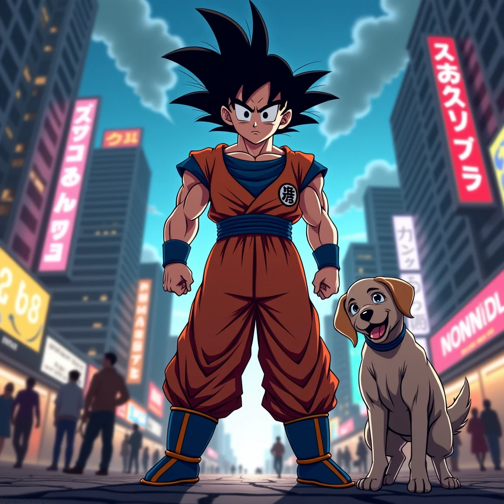 Draw Goku very angry, next to a dog, looking at the viewer in the city