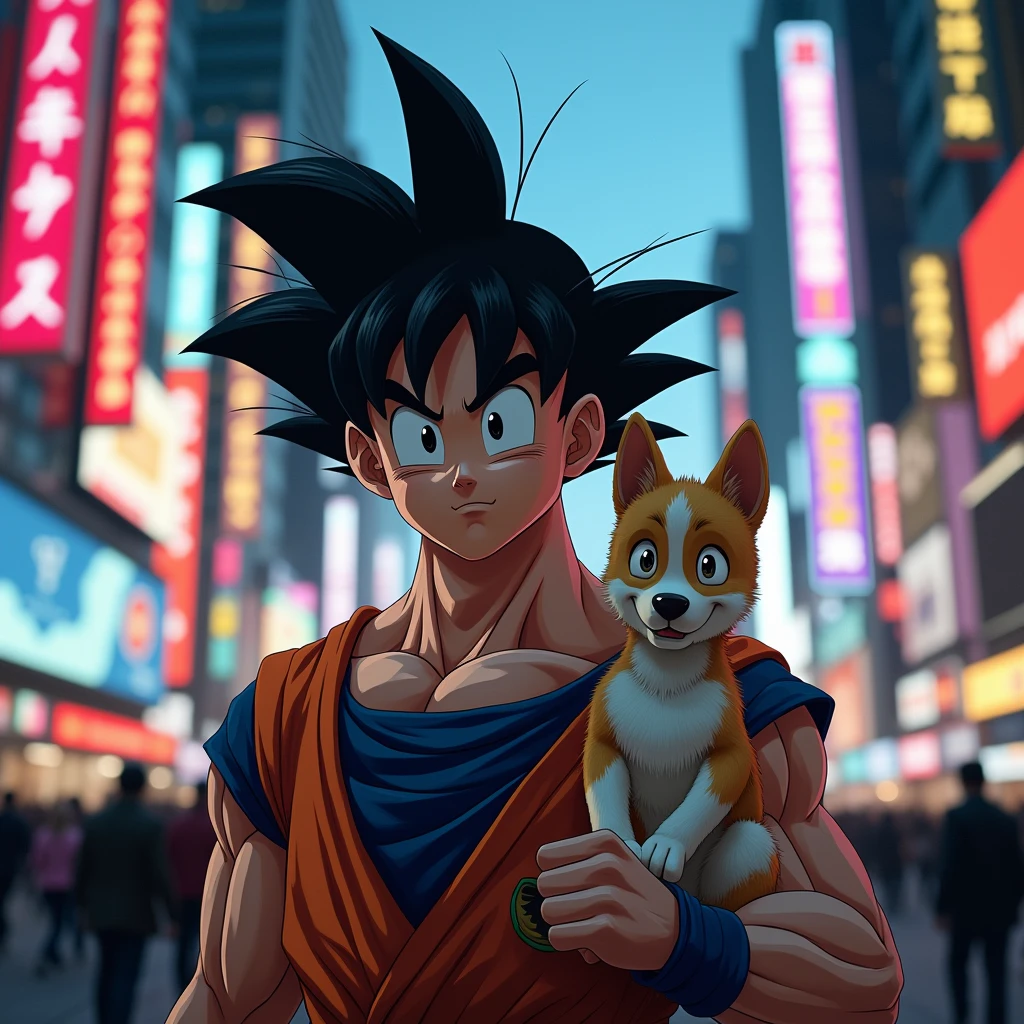 Draw Goku very angry, next to a dog,  looking at the viewer in the city 