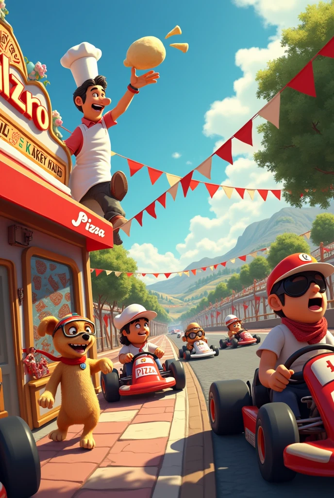Crée-moi une bande de personnages humains et animaux amateurs de pizzas en karting puissants pour décorer ma pizzeria dont l'enseigne est "Milano Pizza"devant le karting électrique .