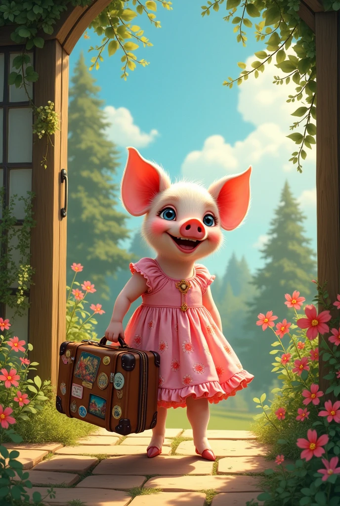 (animation:1.2), good looking cute happy small pig wearing pink frock and flowers is holding a suitcase and leaving the house, by Greg Rutkowski, by Alphonse Mucha